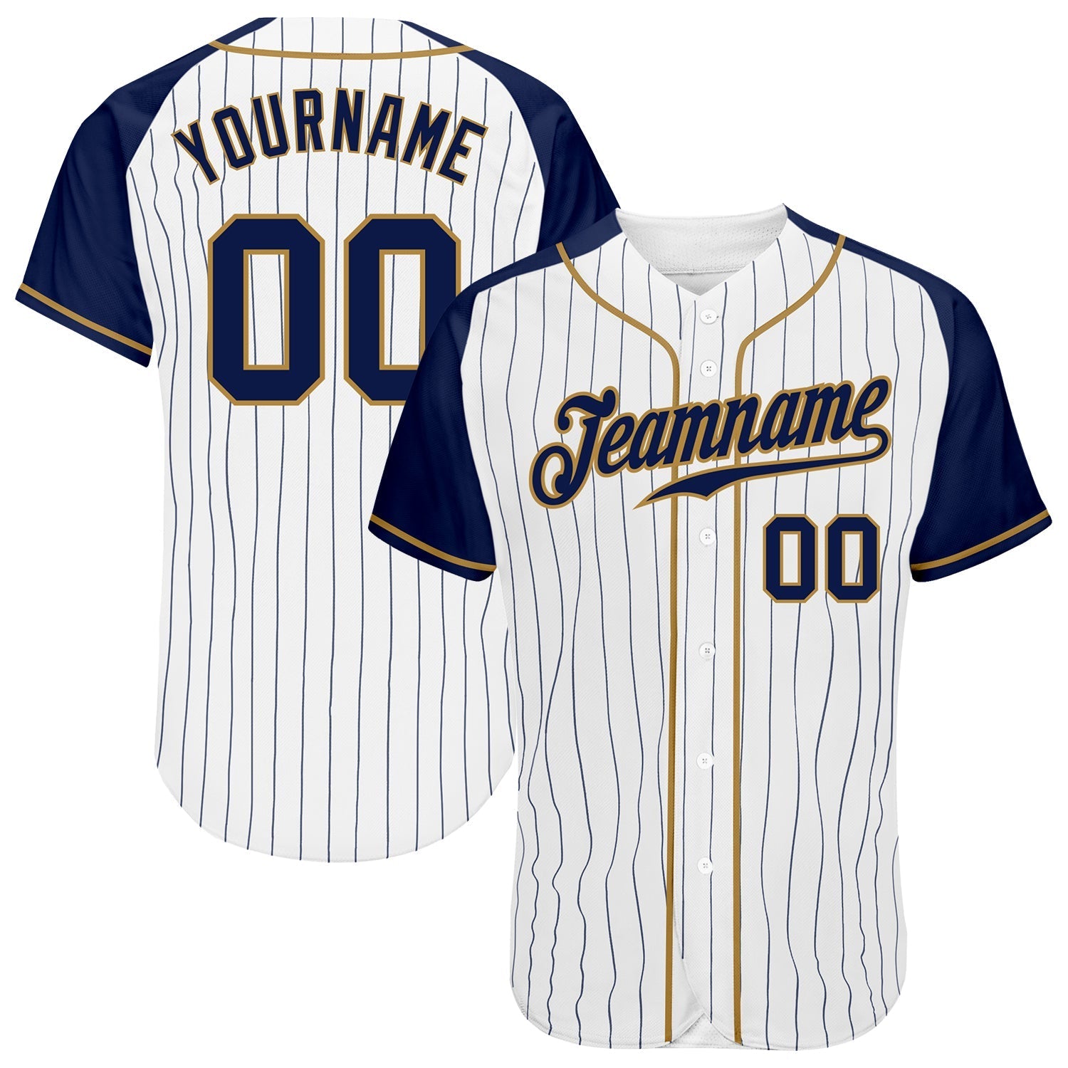 Custom White Navy Pinstripe Navy-Old Gold Authentic Raglan Sleeves Baseball Jersey baseball jersey product view 1