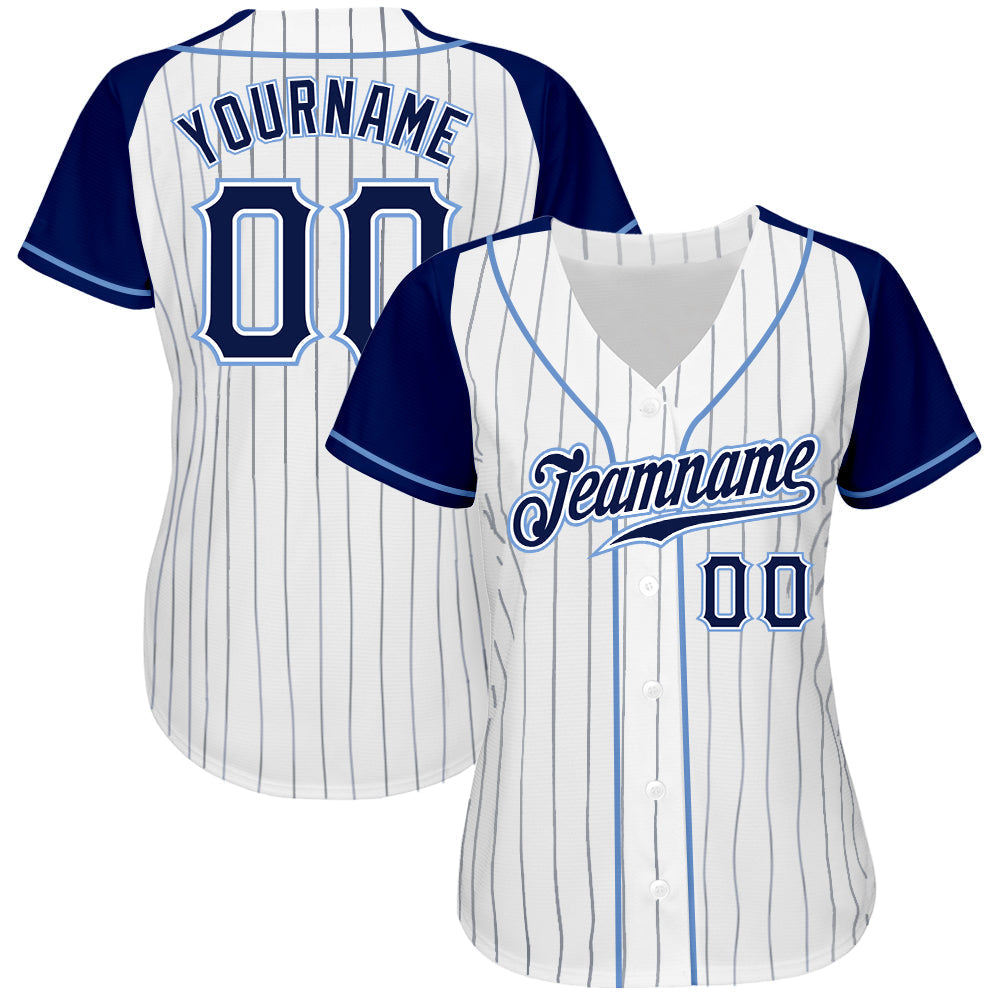 Custom White Navy Pinstripe Navy-Light Blue Authentic Raglan Sleeves Baseball Jersey baseball jersey product view 2