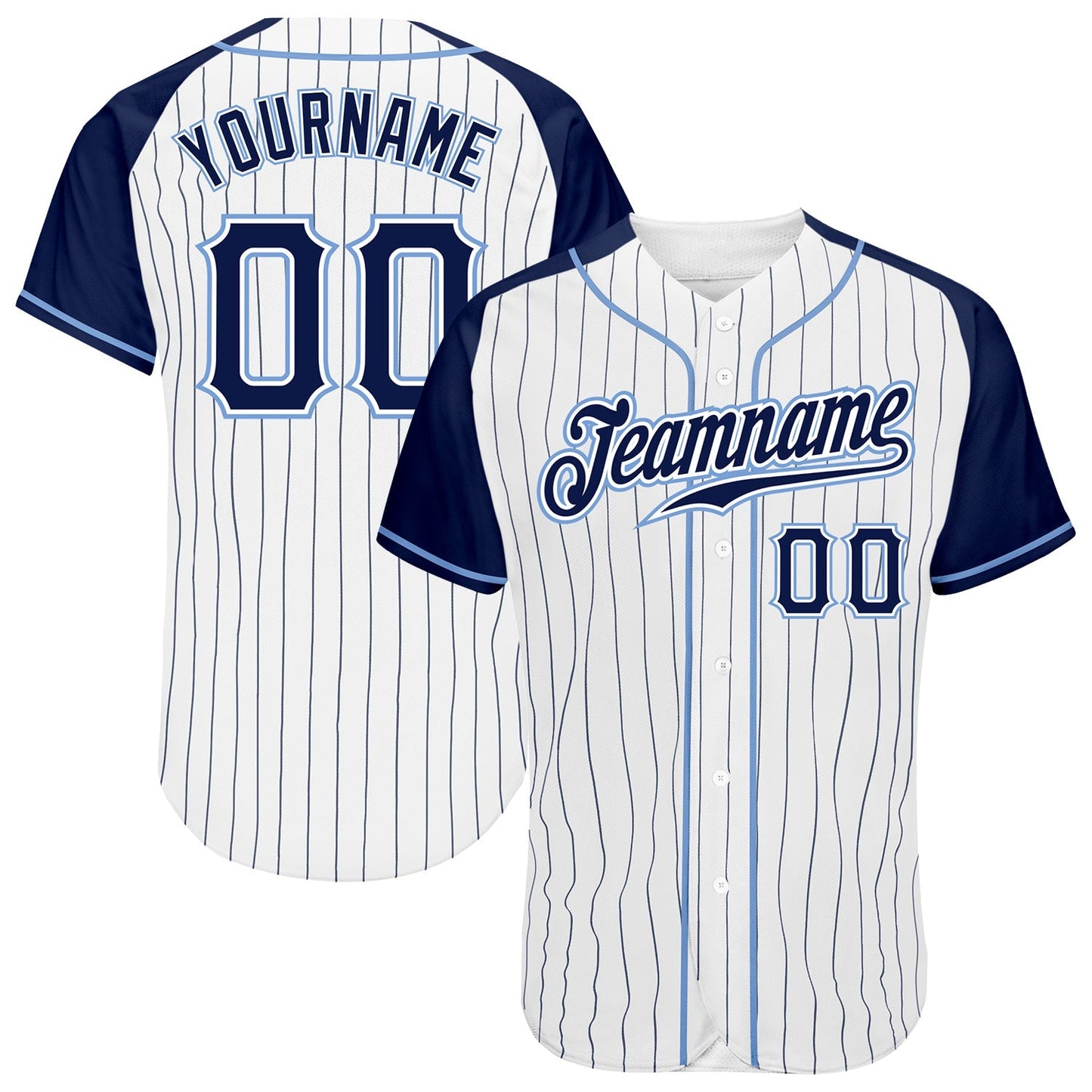 Custom White Navy Pinstripe Navy-Light Blue Authentic Raglan Sleeves Baseball Jersey baseball jersey product view 1