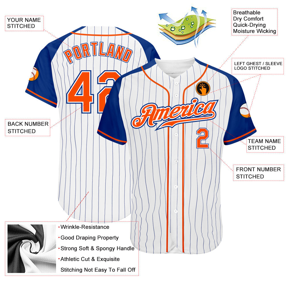 Custom White Royal Pinstripe Orange-Royal Authentic Raglan Sleeves Baseball Jersey baseball jersey product view 3