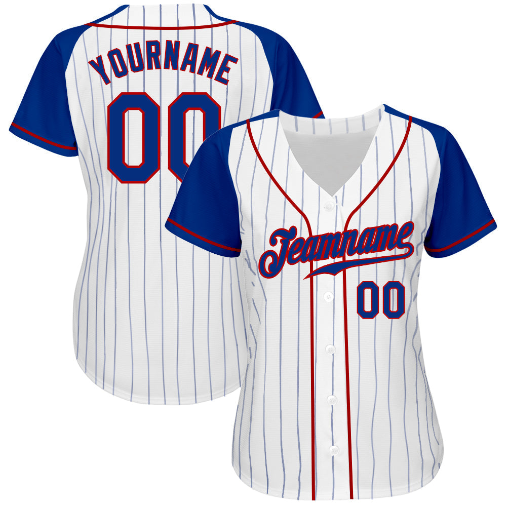 Custom White Royal Pinstripe Royal-Red Authentic Raglan Sleeves Baseball Jersey baseball jersey product view 2