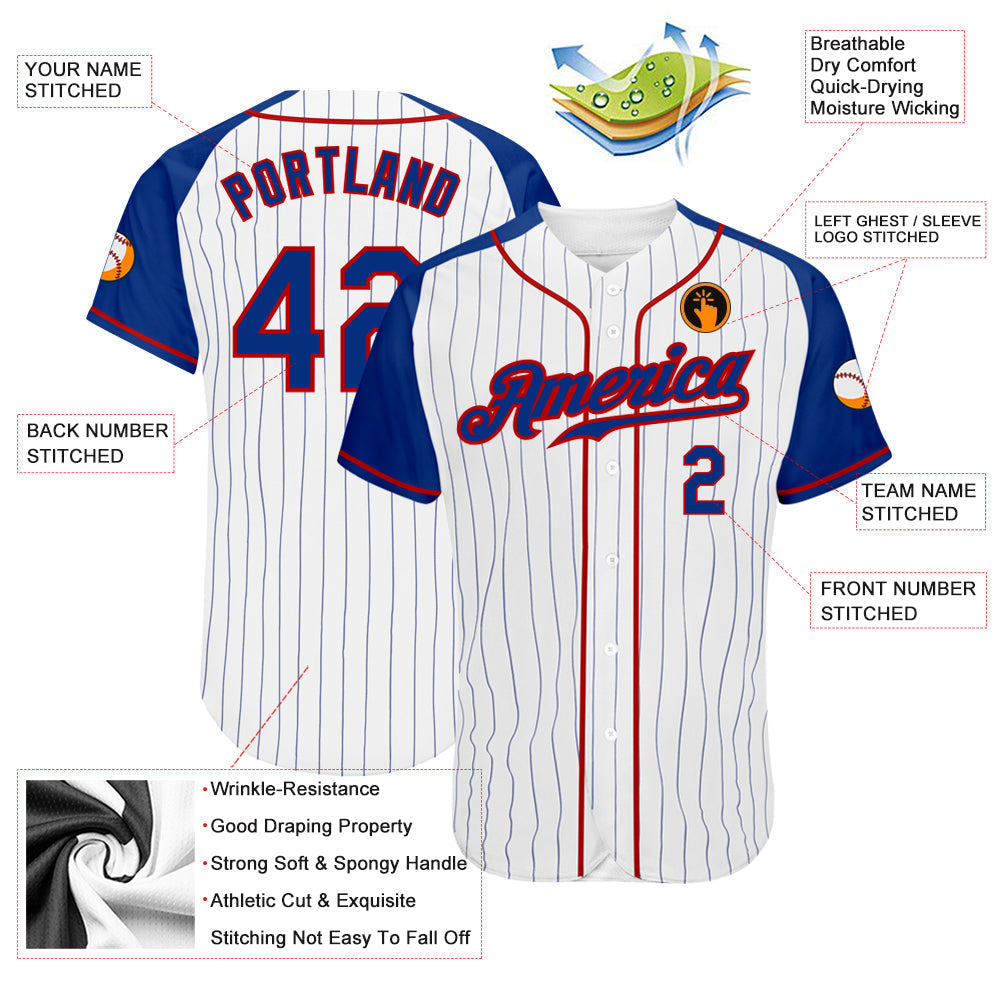 Custom White Royal Pinstripe Royal-Red Authentic Raglan Sleeves Baseball Jersey baseball jersey product view 3