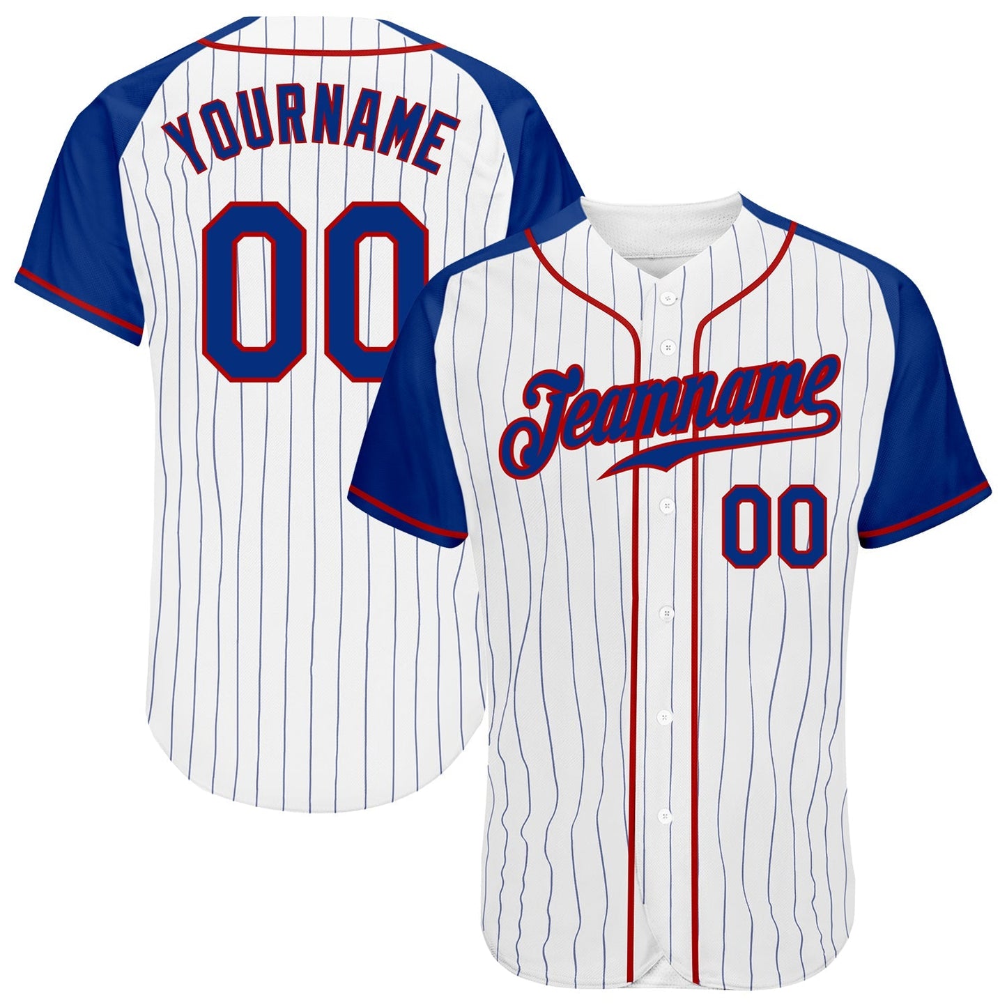 Custom White Royal Pinstripe Royal-Red Authentic Raglan Sleeves Baseball Jersey baseball jersey product view 1