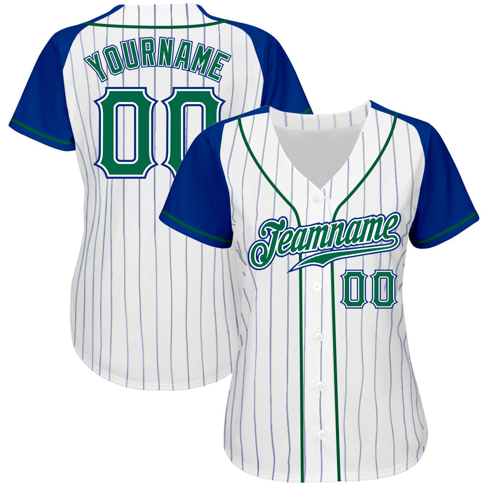 Custom White Royal Pinstripe Kelly Green-Royal Authentic Raglan Sleeves Baseball Jersey baseball jersey product view 2