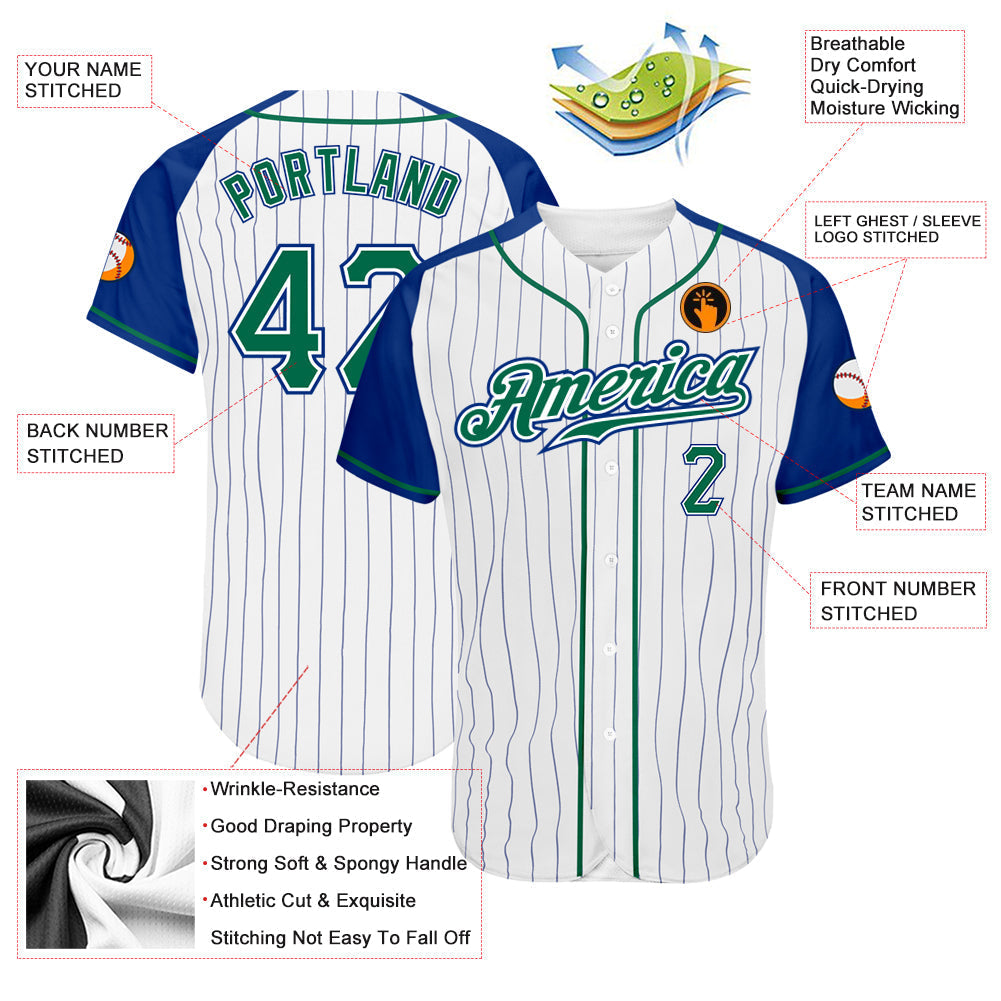 Custom White Royal Pinstripe Kelly Green-Royal Authentic Raglan Sleeves Baseball Jersey baseball jersey product view 3