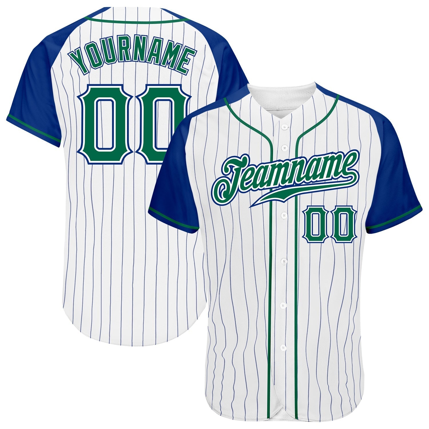 Custom White Royal Pinstripe Kelly Green-Royal Authentic Raglan Sleeves Baseball Jersey baseball jersey product view 1