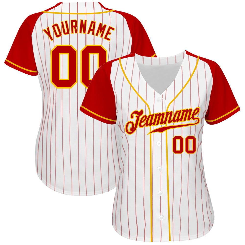 Custom White Red Pinstripe Red-Gold Authentic Raglan Sleeves Baseball Jersey baseball jersey product view 2