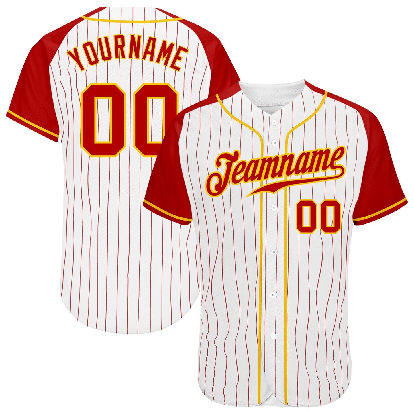 Custom White Red Pinstripe Red-Gold Authentic Raglan Sleeves Baseball Jersey baseball jersey product view 1