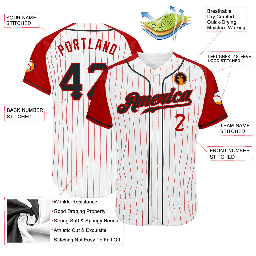 Custom White Red Pinstripe Black-Red Authentic Raglan Sleeves Baseball Jersey baseball jersey product view 3