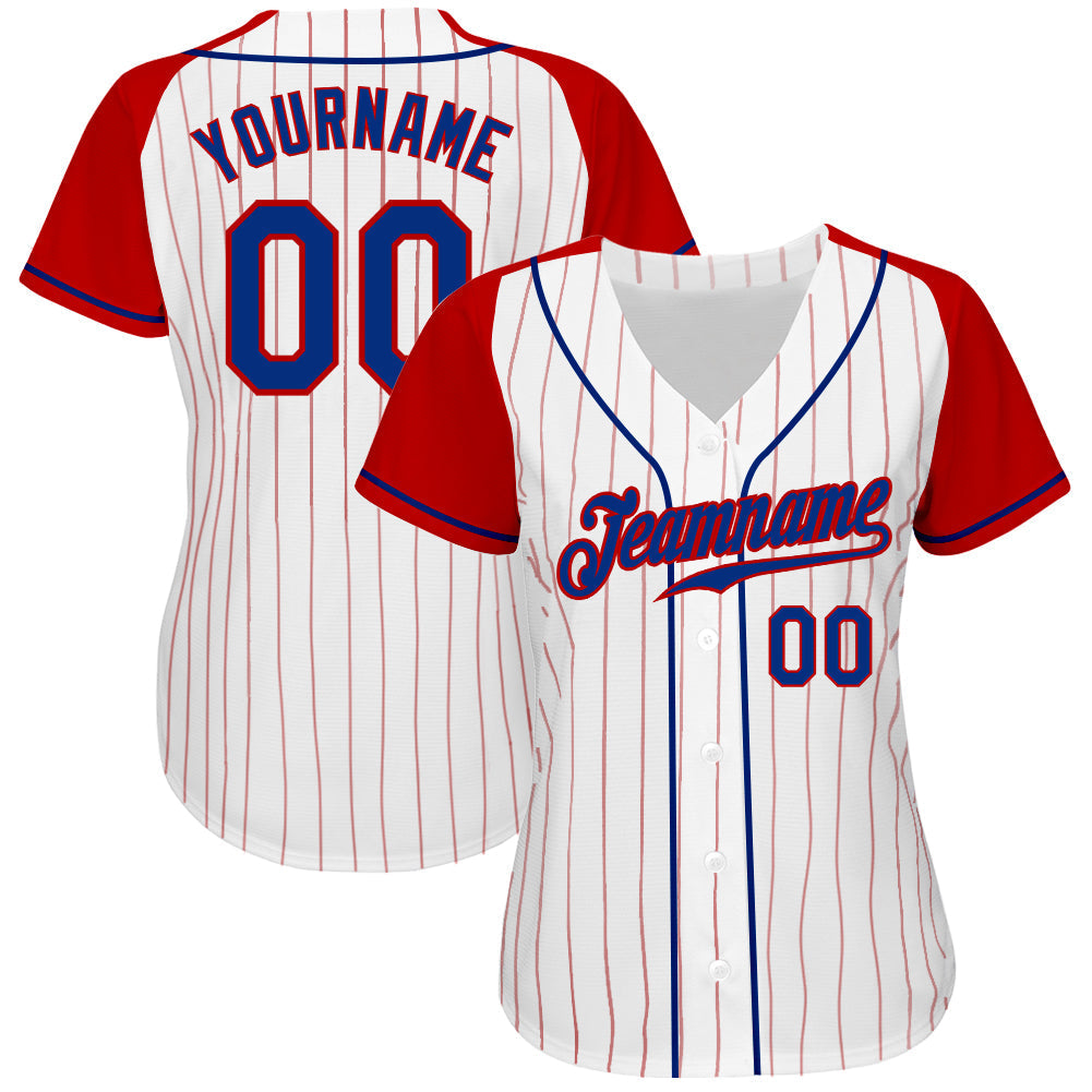 Custom White Red Pinstripe Royal-Red Authentic Raglan Sleeves Baseball Jersey baseball jersey product view 2