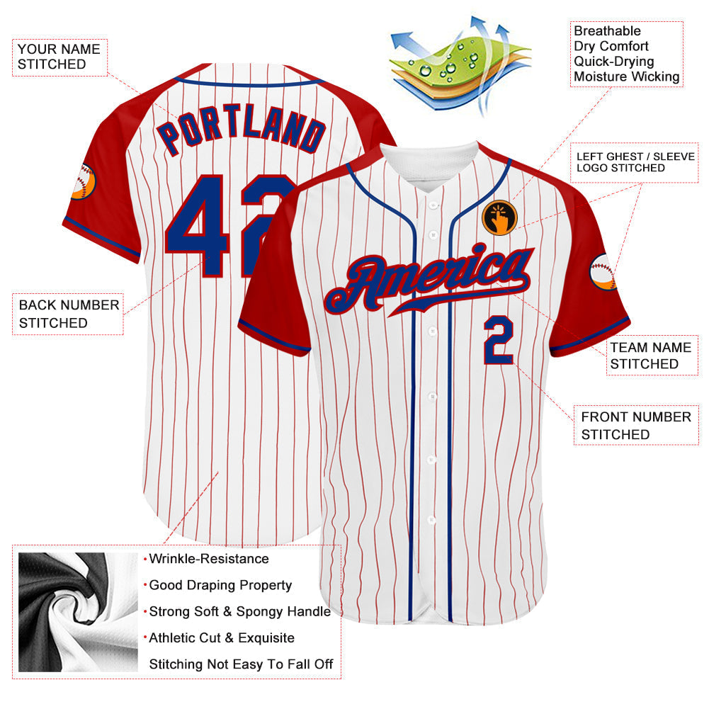 Custom White Red Pinstripe Royal-Red Authentic Raglan Sleeves Baseball Jersey baseball jersey product view 3