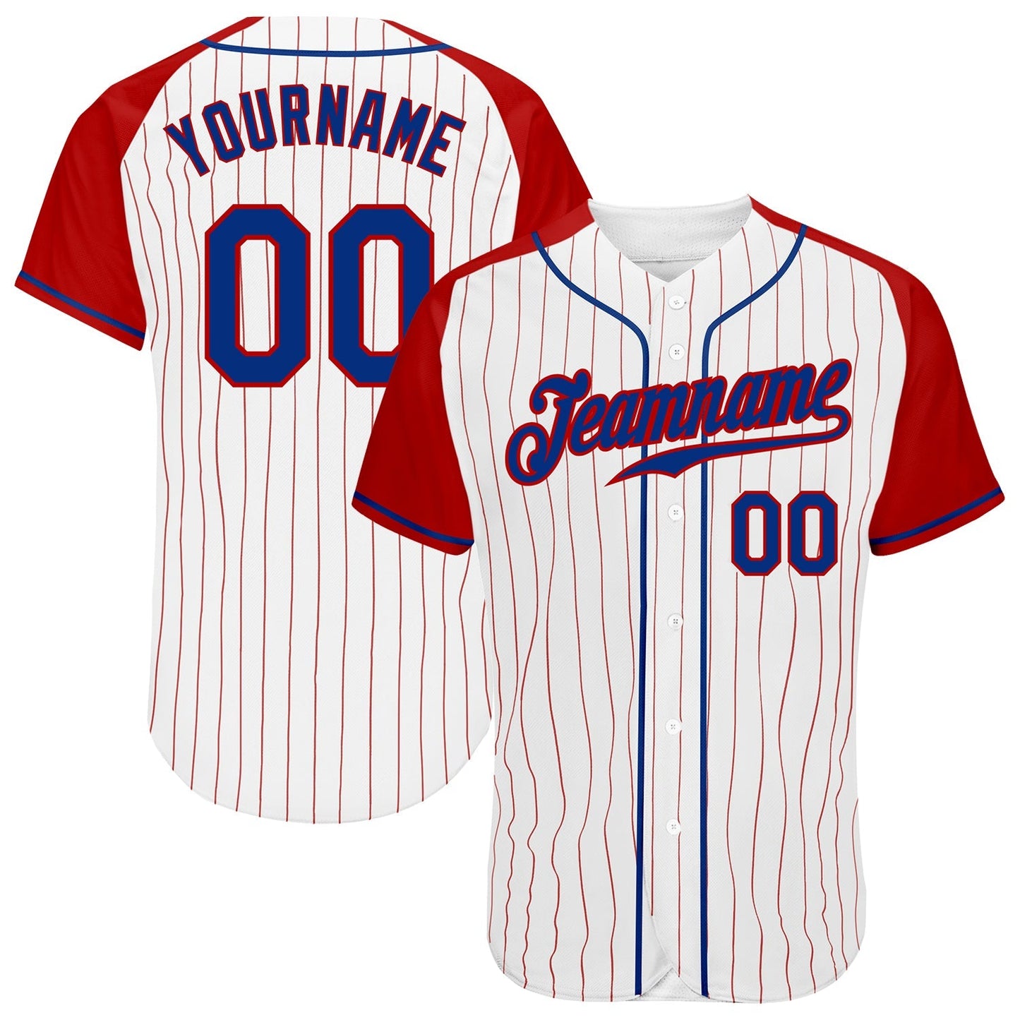 Custom White Red Pinstripe Royal-Red Authentic Raglan Sleeves Baseball Jersey baseball jersey product view 1