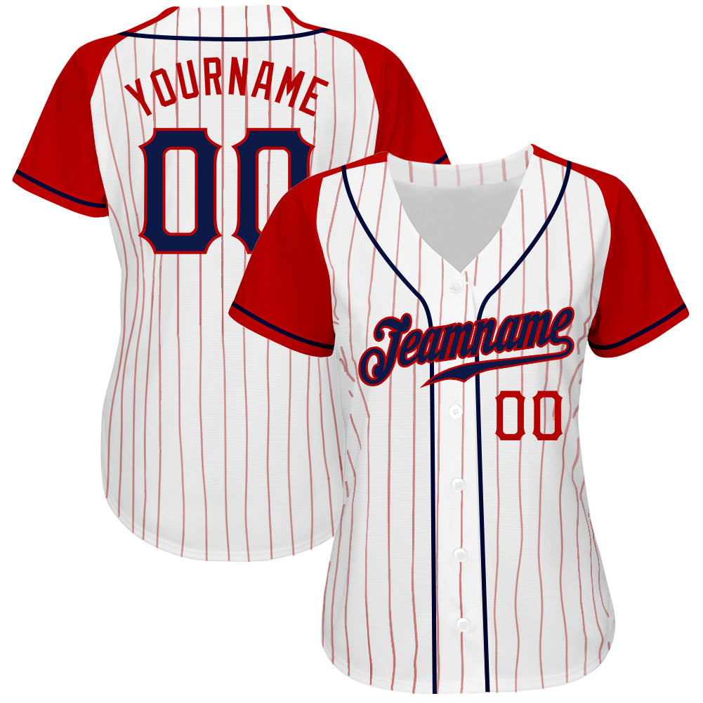 Custom White Red Pinstripe Navy-Red Authentic Raglan Sleeves Baseball Jersey baseball jersey product view 2