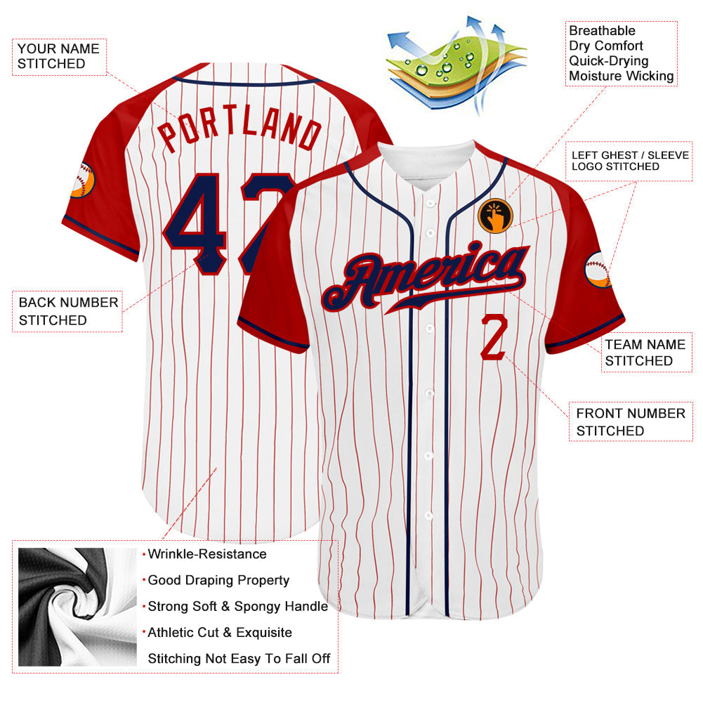 Custom White Red Pinstripe Navy-Red Authentic Raglan Sleeves Baseball Jersey baseball jersey product view 3