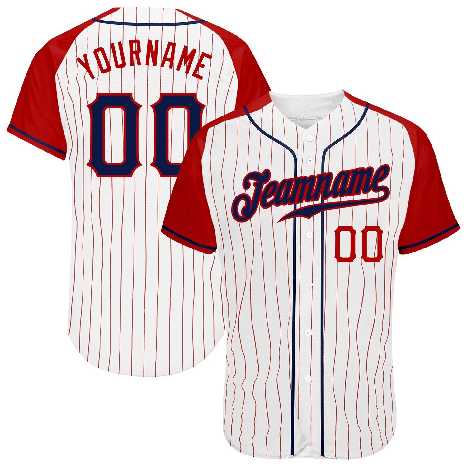 Custom White Red Pinstripe Navy-Red Authentic Raglan Sleeves Baseball Jersey baseball jersey product view 1