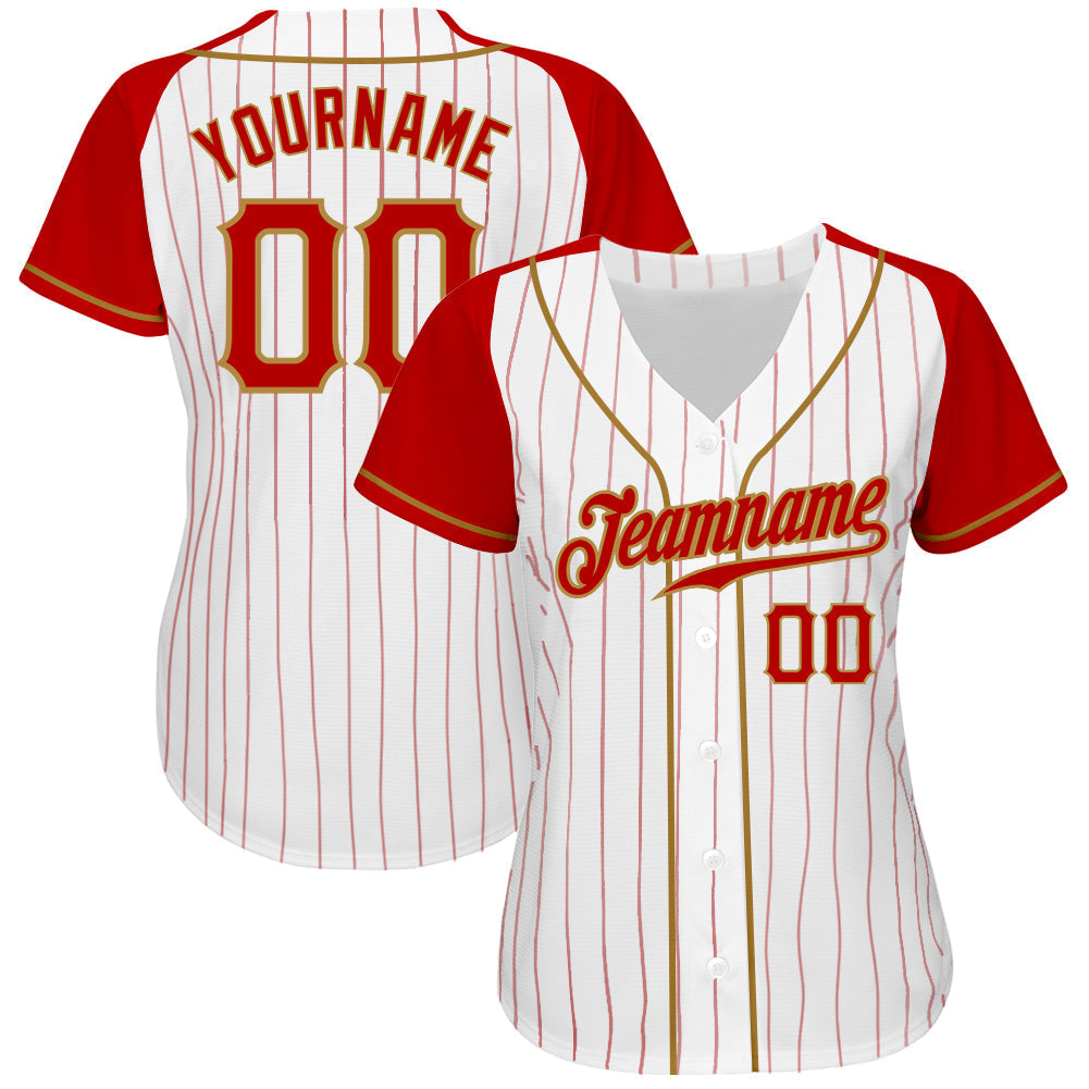 Custom White Red Pinstripe Red-Old Gold Authentic Raglan Sleeves Baseball Jersey baseball jersey product view 2