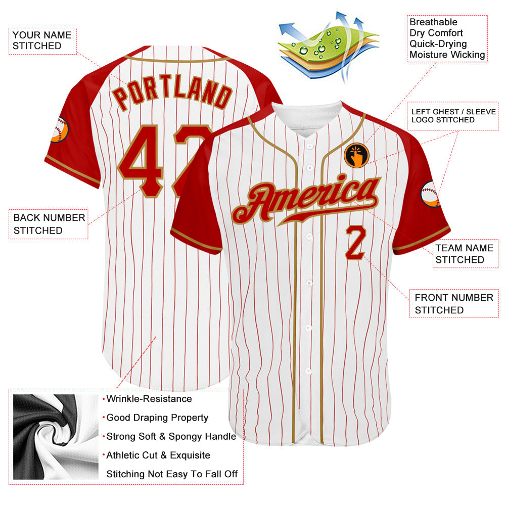 Custom White Red Pinstripe Red-Old Gold Authentic Raglan Sleeves Baseball Jersey baseball jersey product view 3