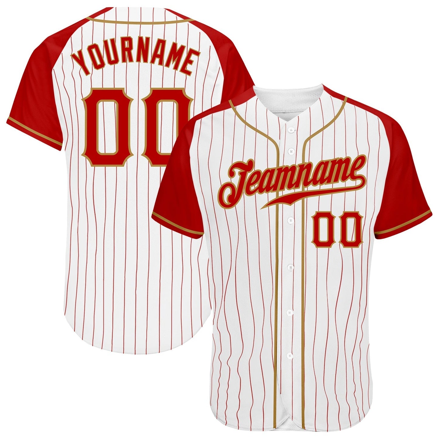 Custom White Red Pinstripe Red-Old Gold Authentic Raglan Sleeves Baseball Jersey baseball jersey product view 1