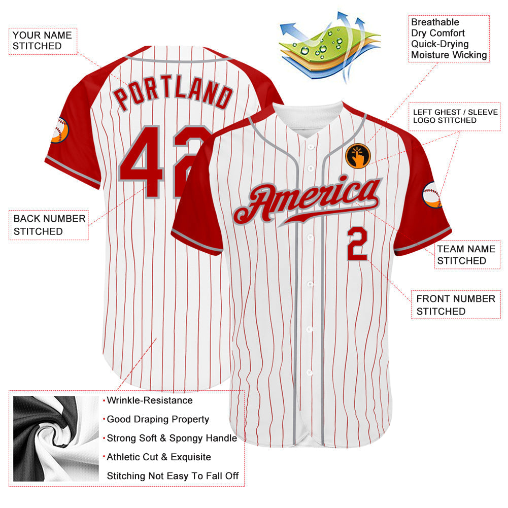 Custom White Red Pinstripe Red-Gray Authentic Raglan Sleeves Baseball Jersey baseball jersey product view 3