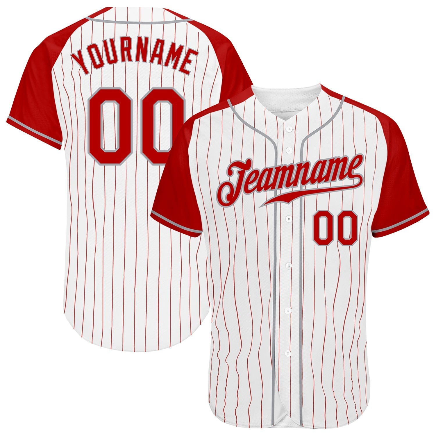Custom White Red Pinstripe Red-Gray Authentic Raglan Sleeves Baseball Jersey baseball jersey product view 1