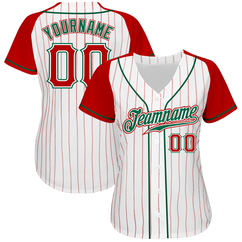 Custom White Red Pinstripe Red-Kelly Green Authentic Raglan Sleeves Baseball Jersey baseball jersey product view 2