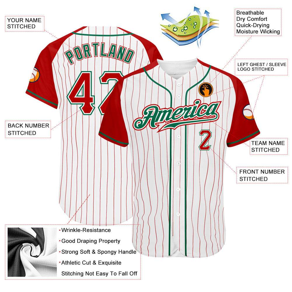 Custom White Red Pinstripe Red-Kelly Green Authentic Raglan Sleeves Baseball Jersey baseball jersey product view 3