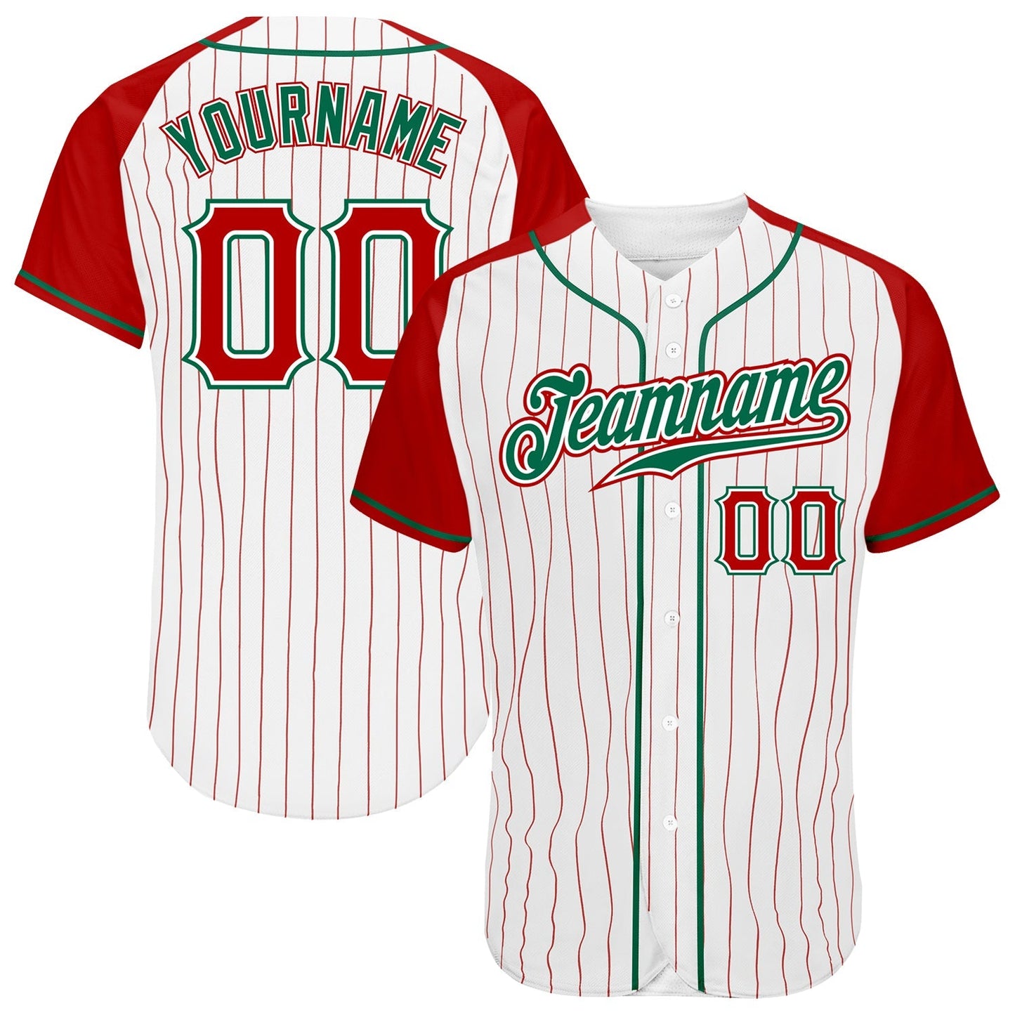 Custom White Red Pinstripe Red-Kelly Green Authentic Raglan Sleeves Baseball Jersey baseball jersey product view 1