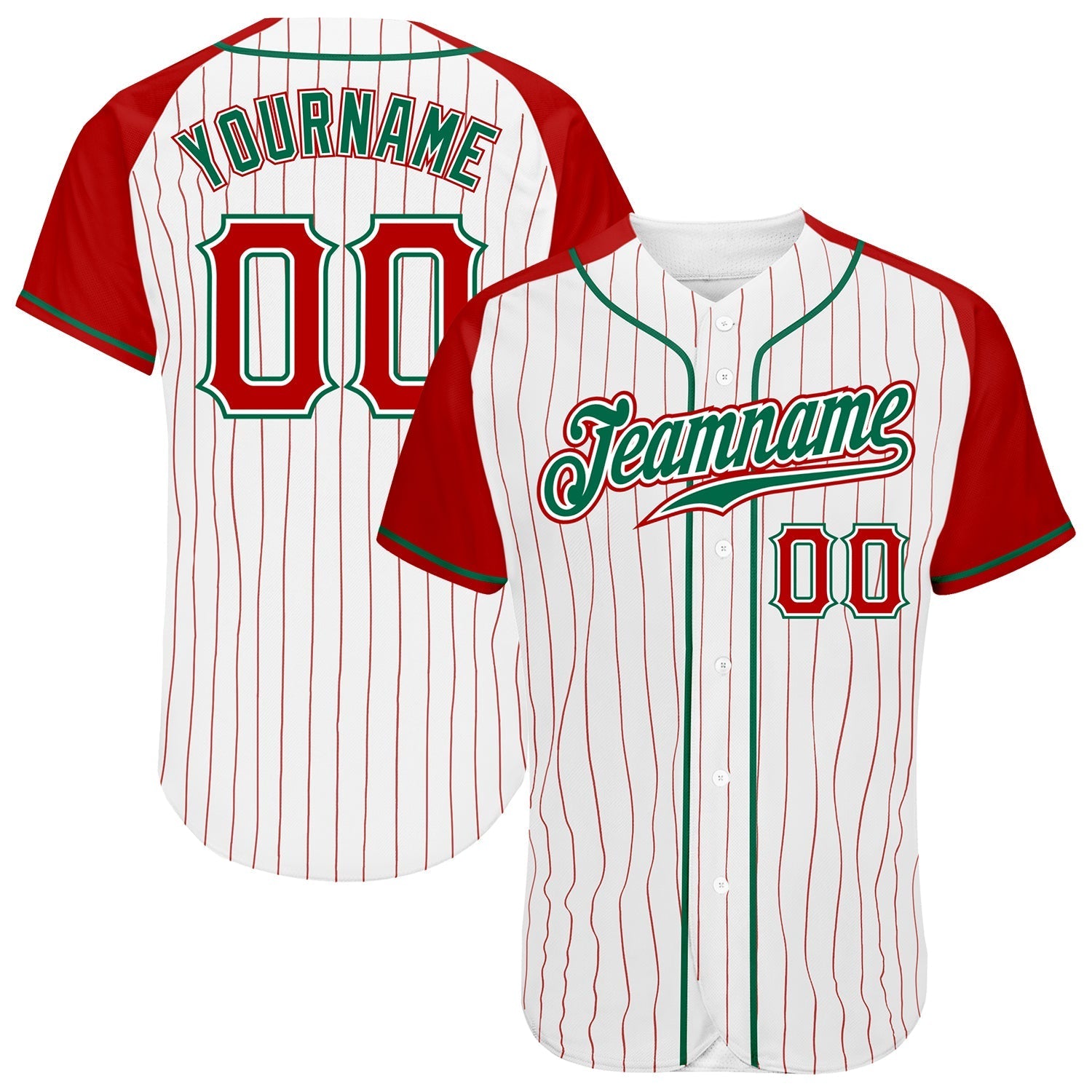 Custom White Red Pinstripe Red-Kelly Green Authentic Raglan Sleeves Baseball Jersey baseball jersey product view 1