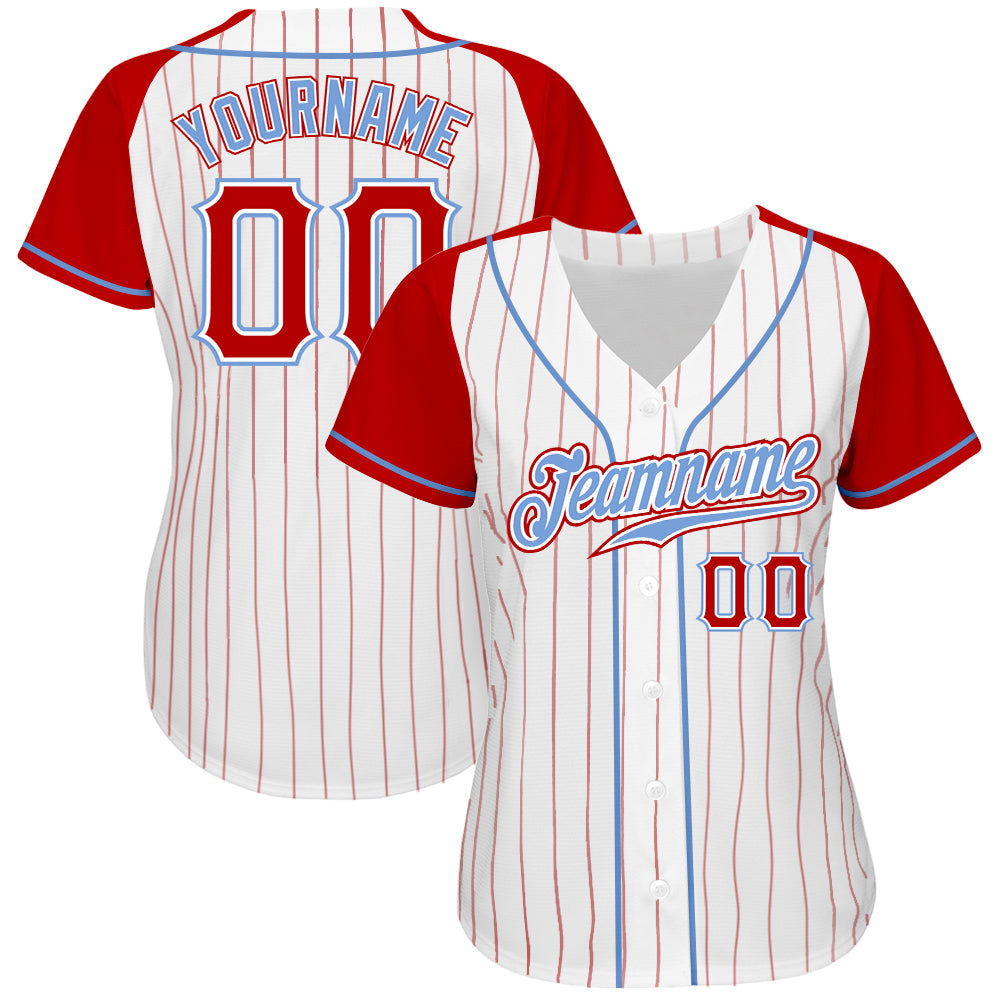 Custom White Red Pinstripe Red-Light Blue Authentic Raglan Sleeves Baseball Jersey baseball jersey product view 2
