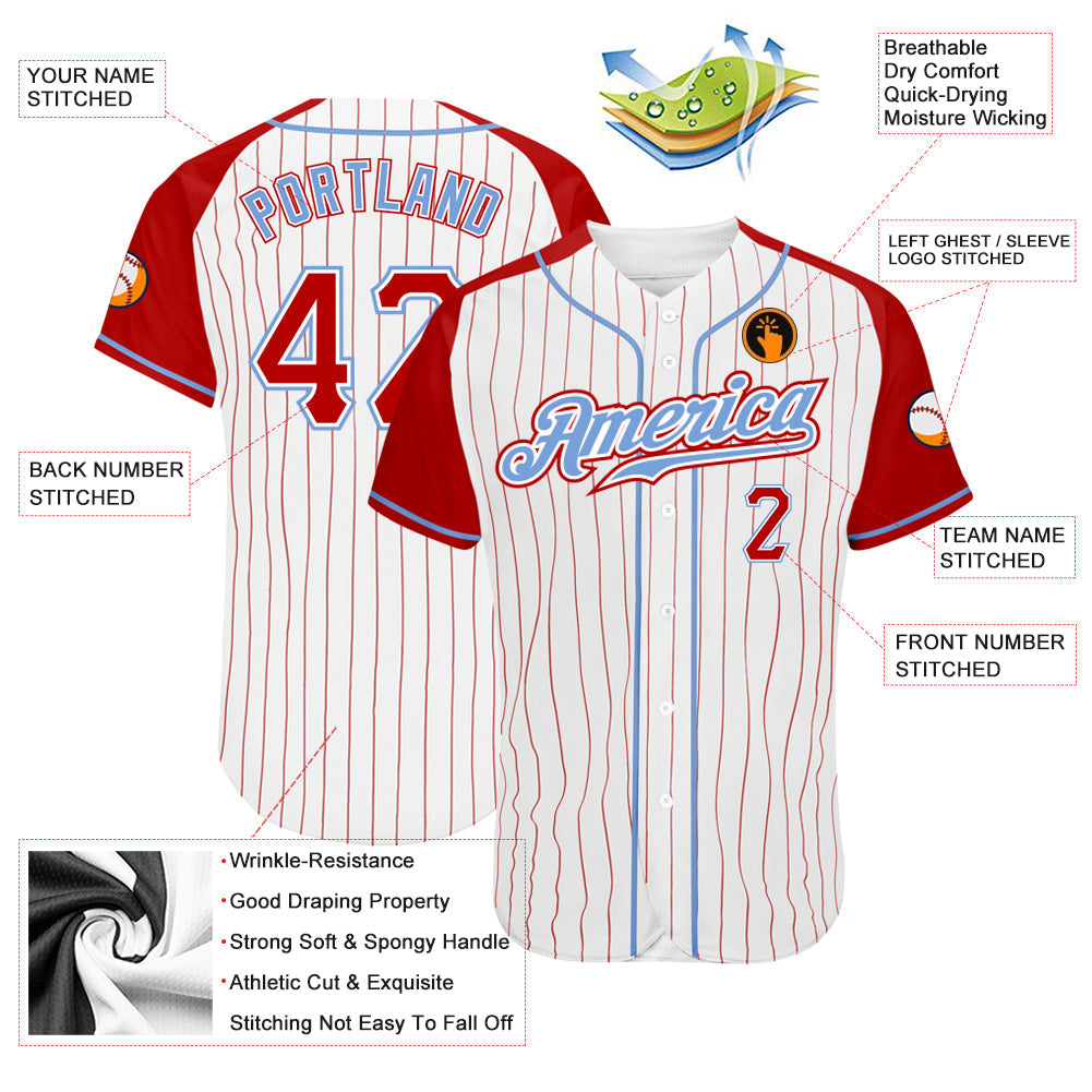 Custom White Red Pinstripe Red-Light Blue Authentic Raglan Sleeves Baseball Jersey baseball jersey product view 3
