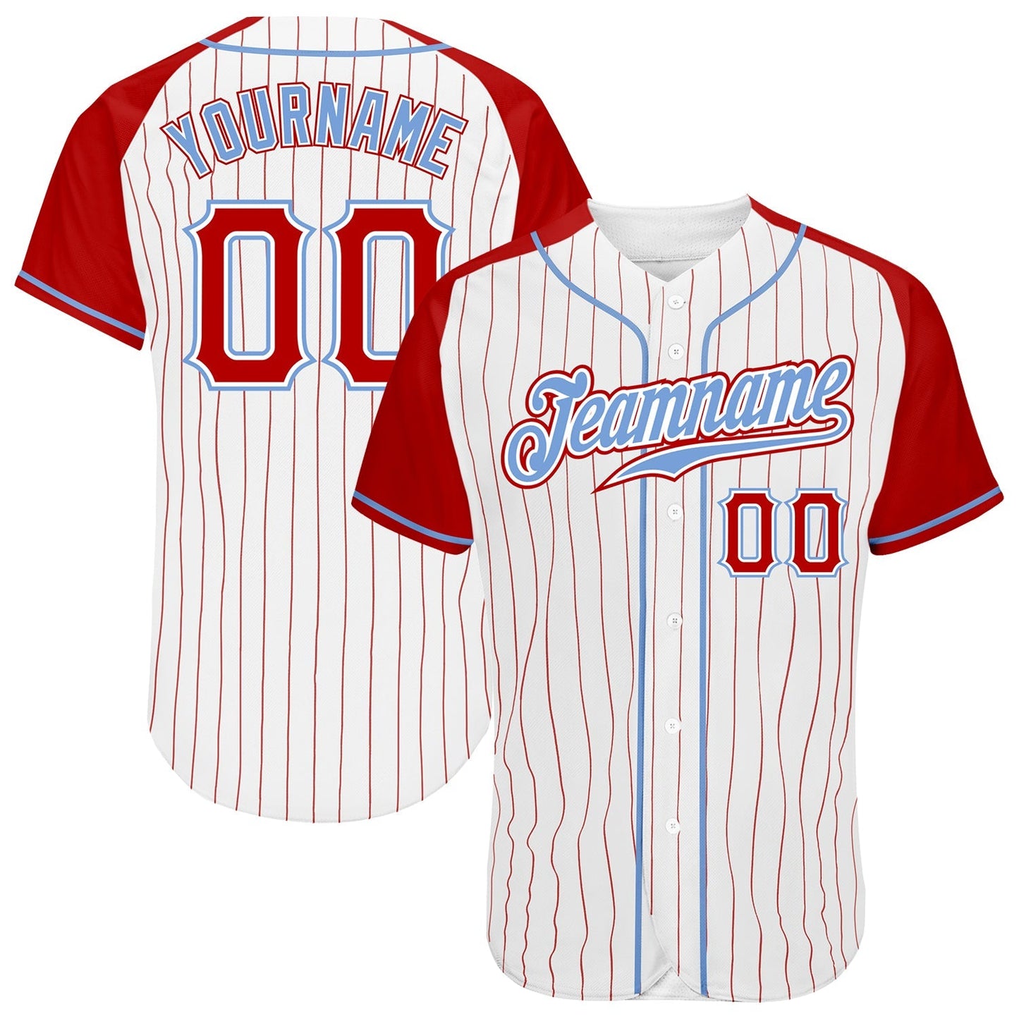 Custom White Red Pinstripe Red-Light Blue Authentic Raglan Sleeves Baseball Jersey baseball jersey product view 1