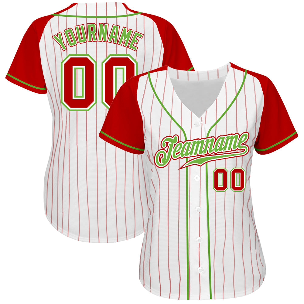 Custom White Red Pinstripe Red-Neon Green Authentic Raglan Sleeves Baseball Jersey baseball jersey product view 2