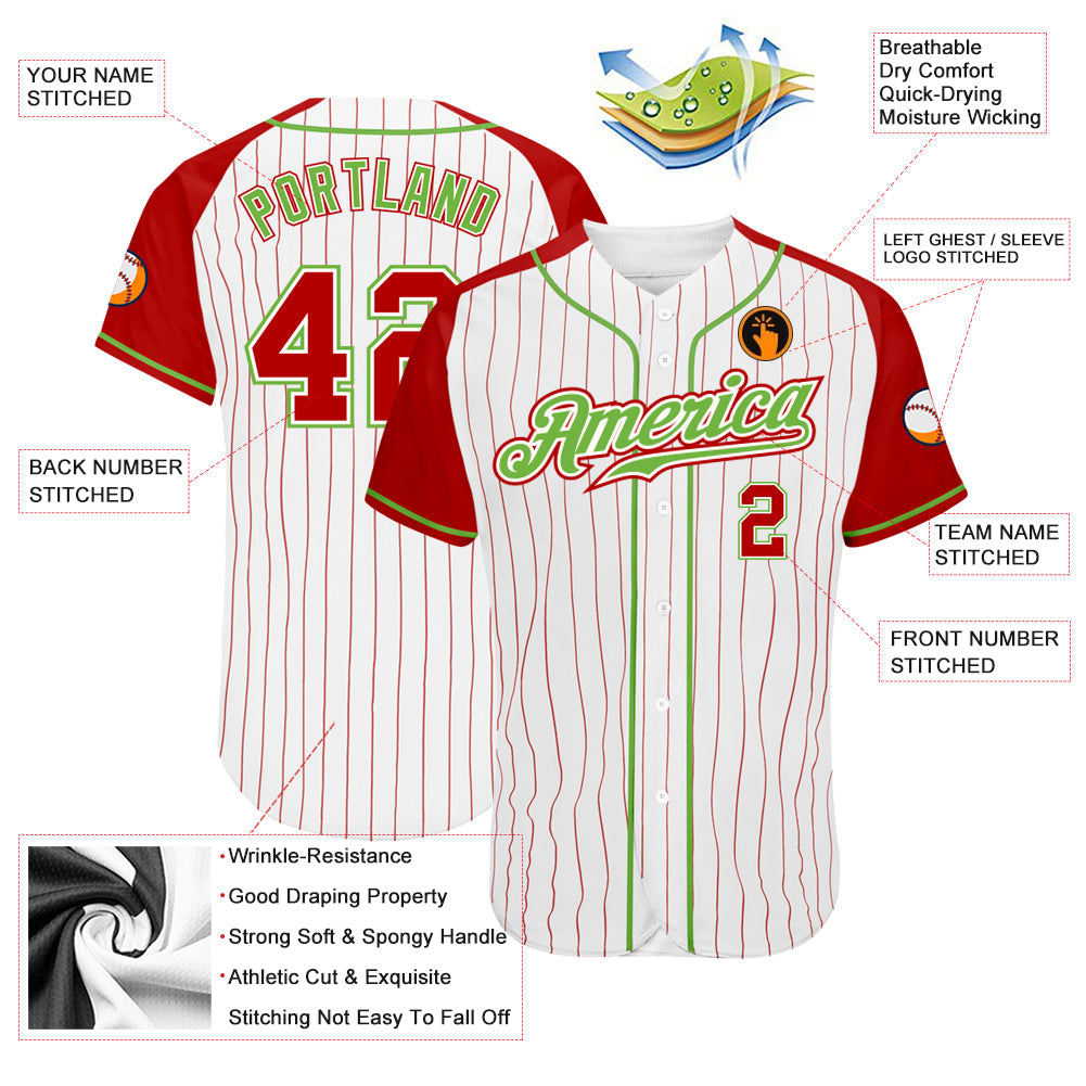 Custom White Red Pinstripe Red-Neon Green Authentic Raglan Sleeves Baseball Jersey baseball jersey product view 3