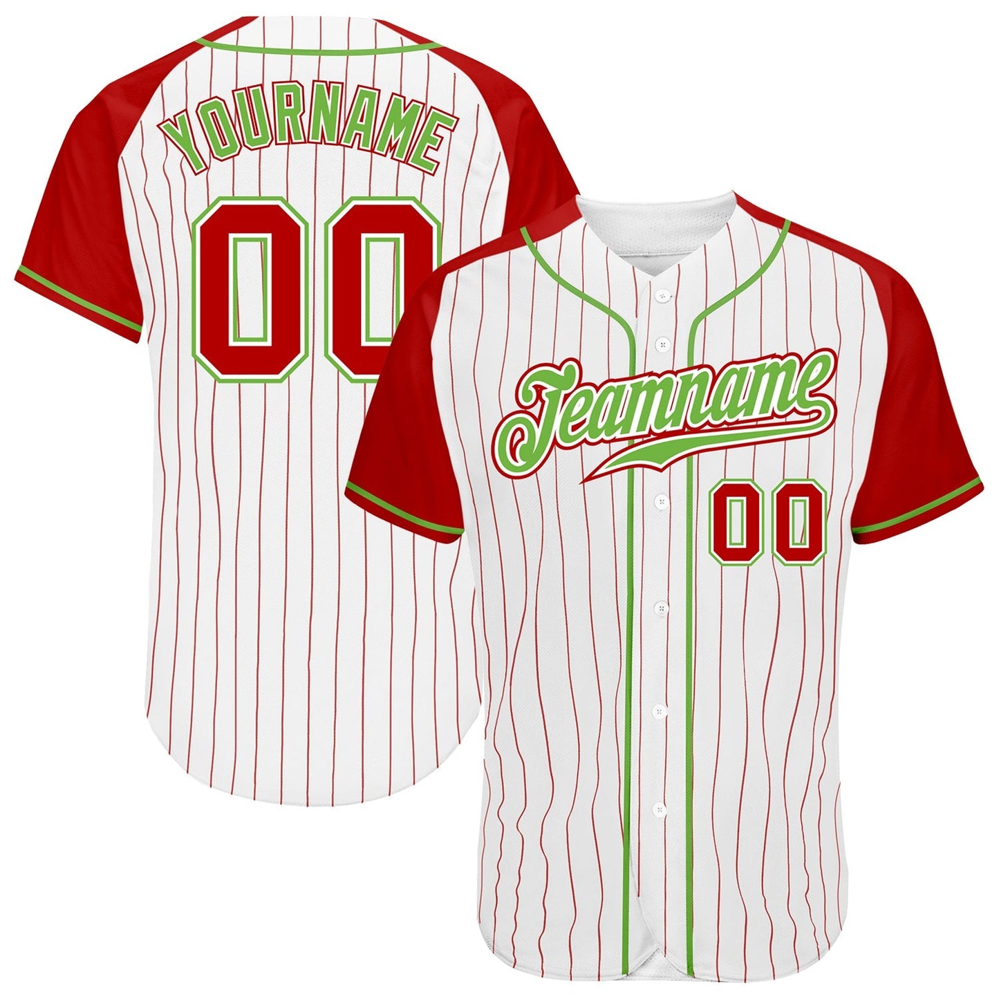 Custom White Red Pinstripe Red-Neon Green Authentic Raglan Sleeves Baseball Jersey baseball jersey product view 1