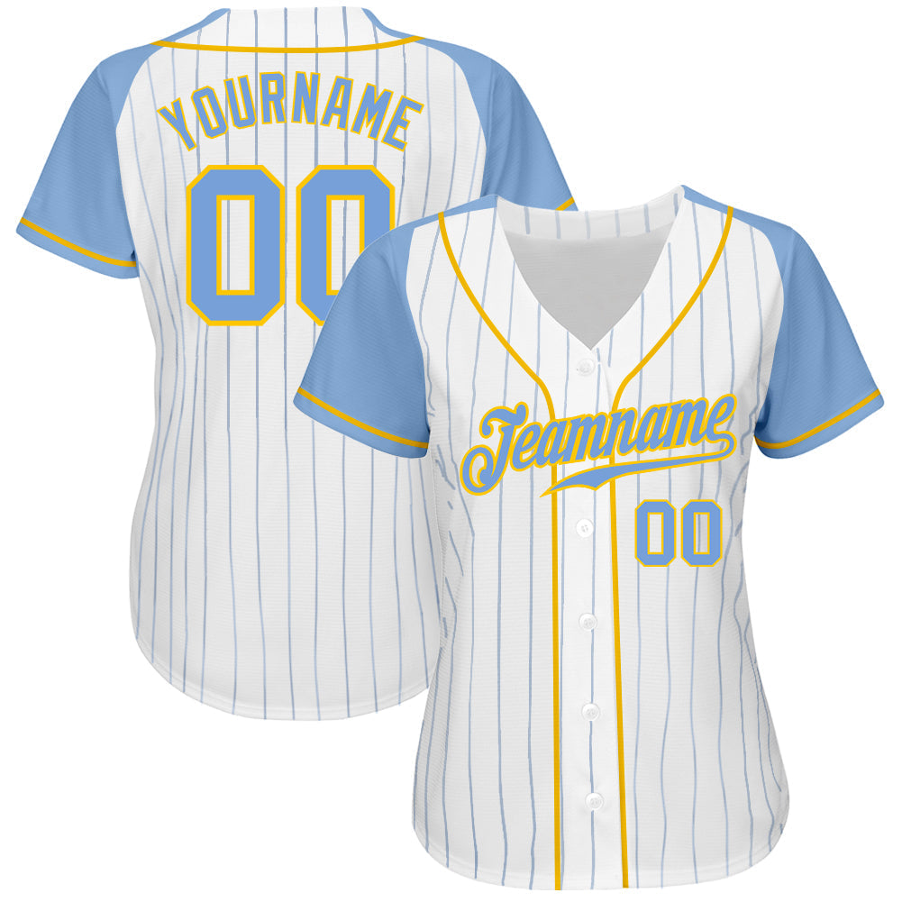 Custom White Light Blue Pinstripe Light Blue-Gold Authentic Raglan Sleeves Baseball Jersey baseball jersey product view 2
