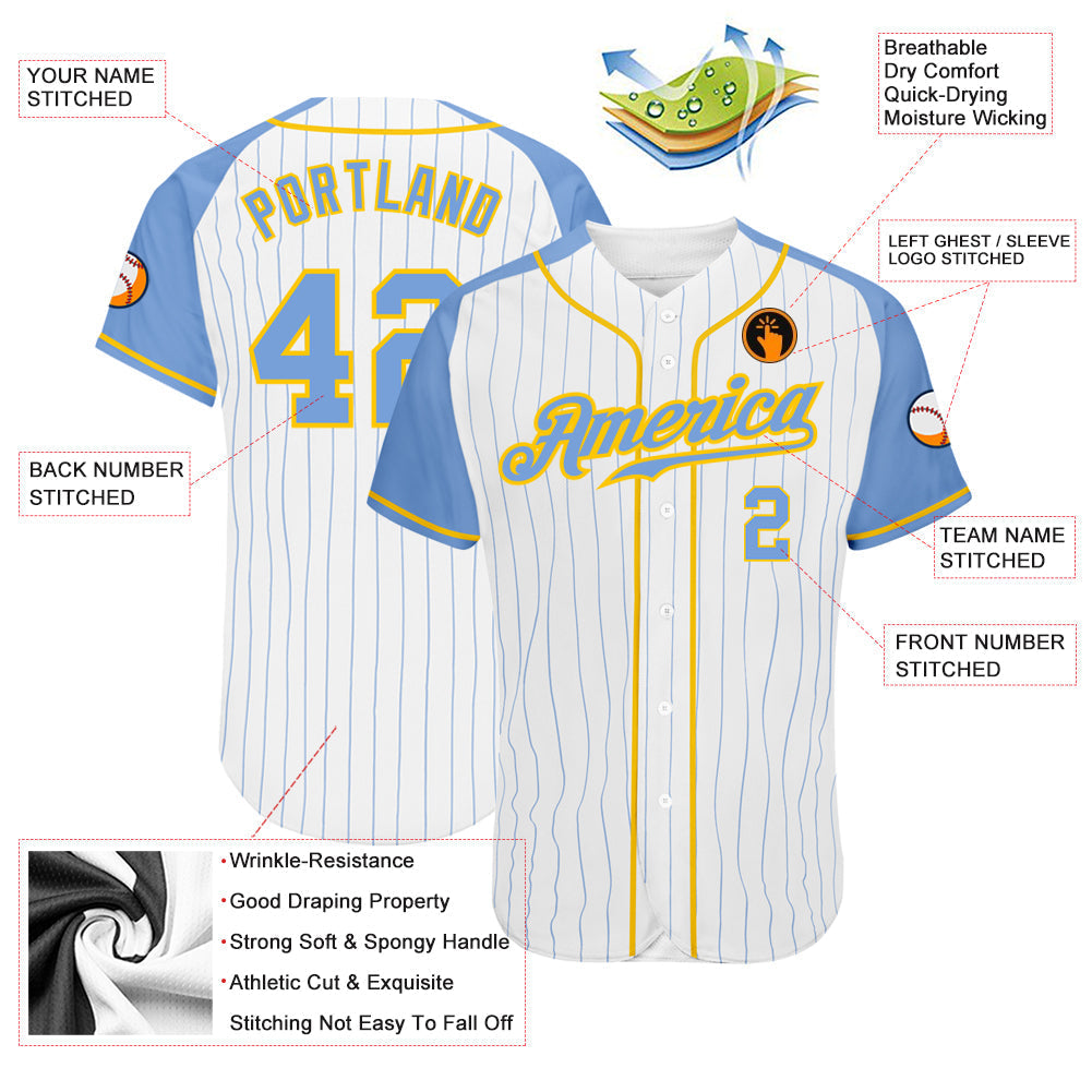 Custom White Light Blue Pinstripe Light Blue-Gold Authentic Raglan Sleeves Baseball Jersey baseball jersey product view 3