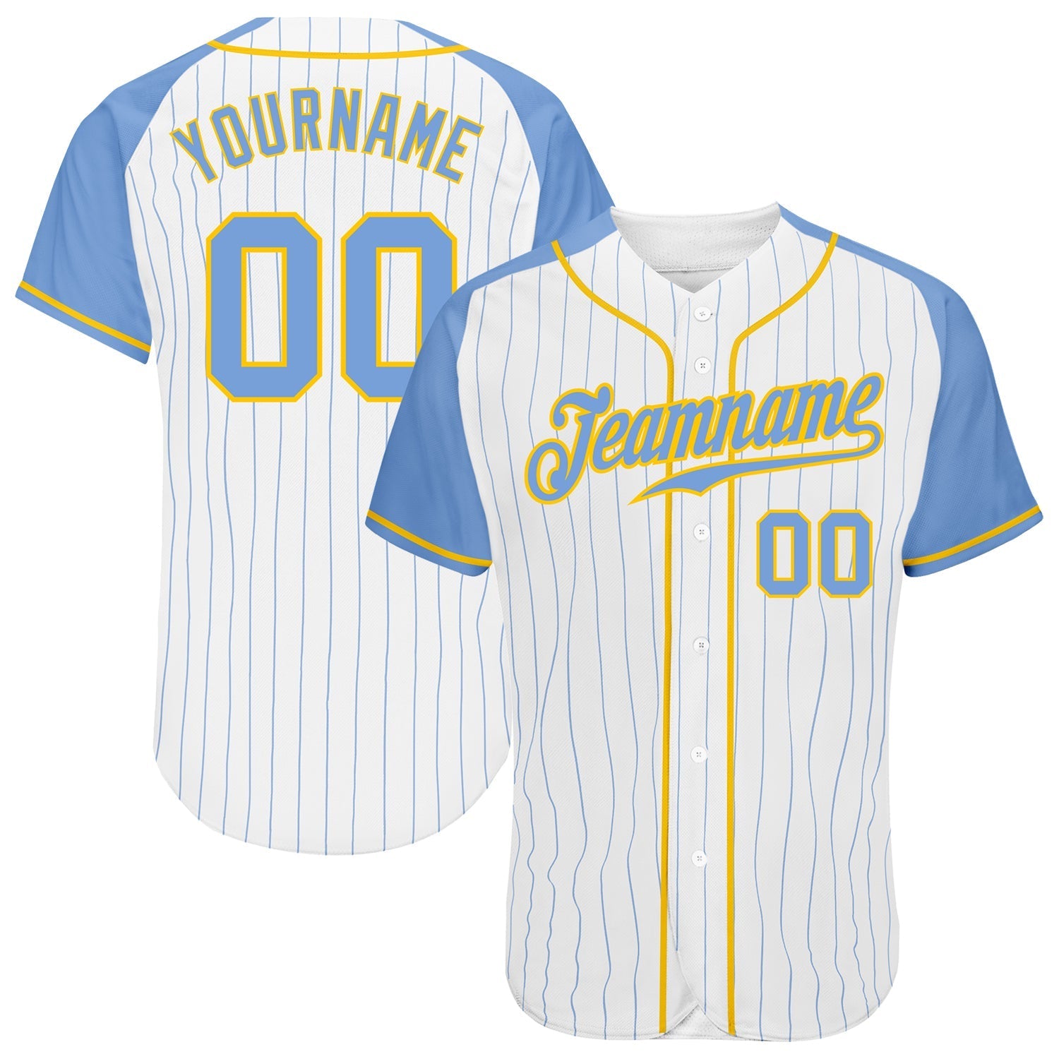 Custom White Light Blue Pinstripe Light Blue-Gold Authentic Raglan Sleeves Baseball Jersey baseball jersey product view 1