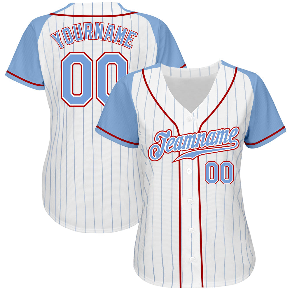 Custom White Light Blue Pinstripe Light Blue-Red Authentic Raglan Sleeves Baseball Jersey baseball jersey product view 2