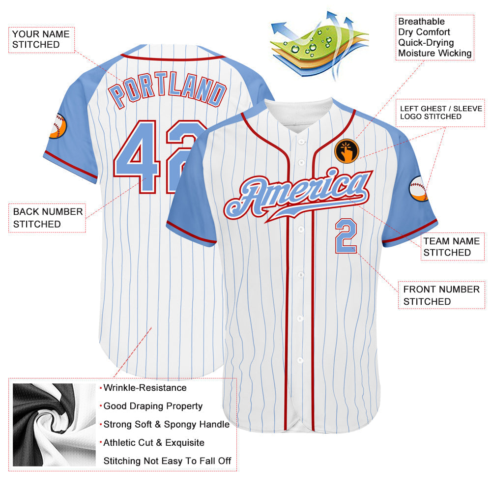 Custom White Light Blue Pinstripe Light Blue-Red Authentic Raglan Sleeves Baseball Jersey baseball jersey product view 3