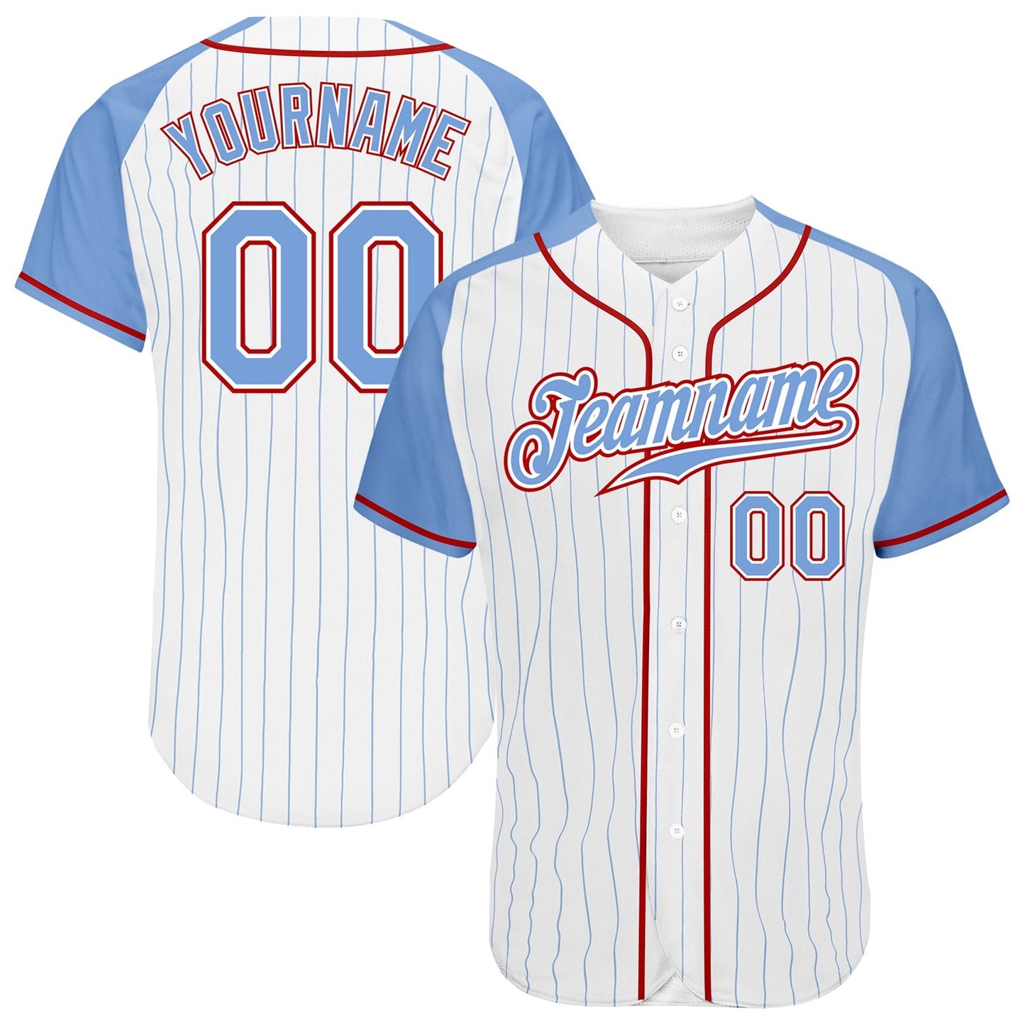 Custom White Light Blue Pinstripe Light Blue-Red Authentic Raglan Sleeves Baseball Jersey baseball jersey product view 1