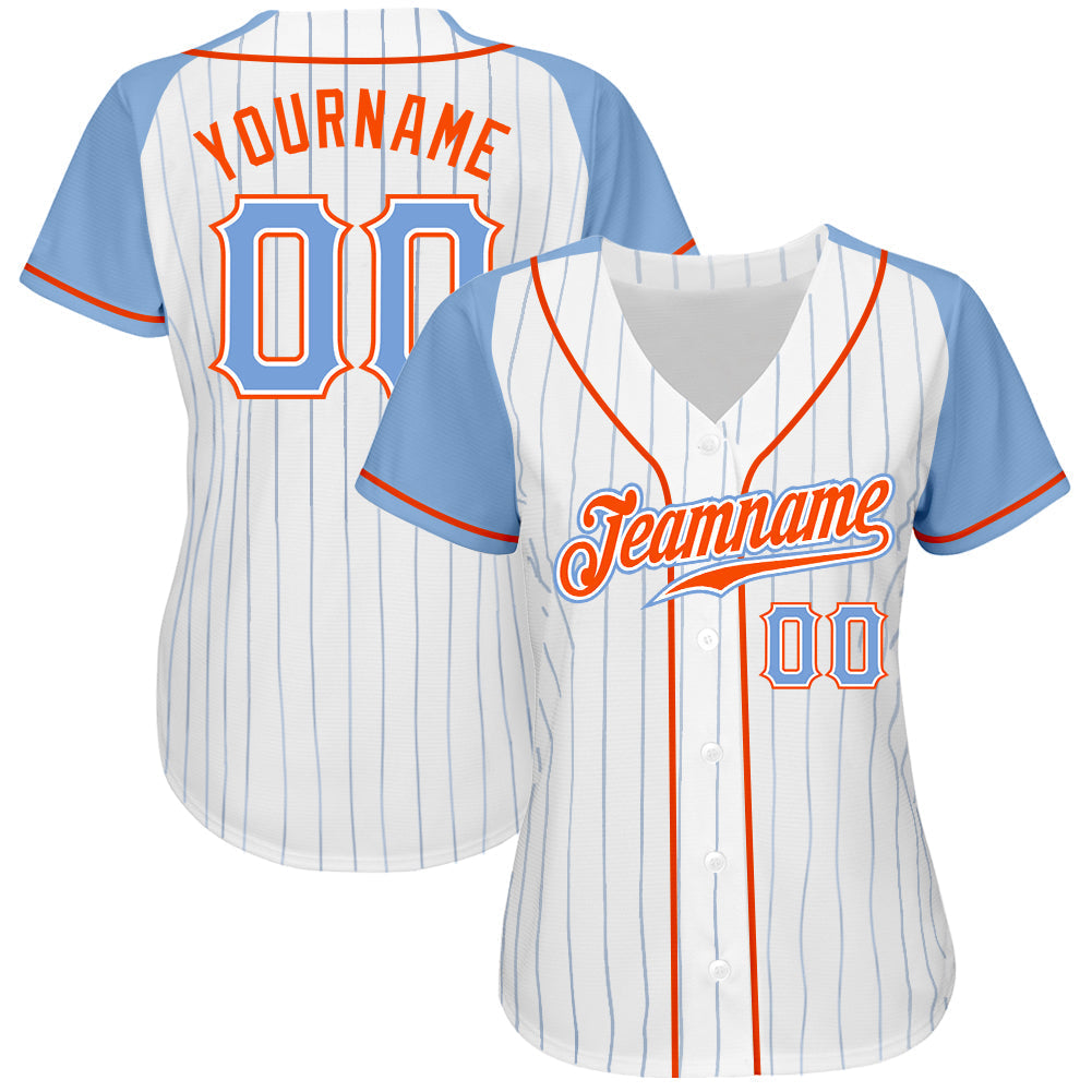 Custom White Light Blue Pinstripe Light Blue-Orange Authentic Raglan Sleeves Baseball Jersey baseball jersey product view 2