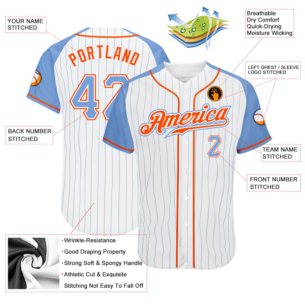 Custom White Light Blue Pinstripe Light Blue-Orange Authentic Raglan Sleeves Baseball Jersey baseball jersey product view 3