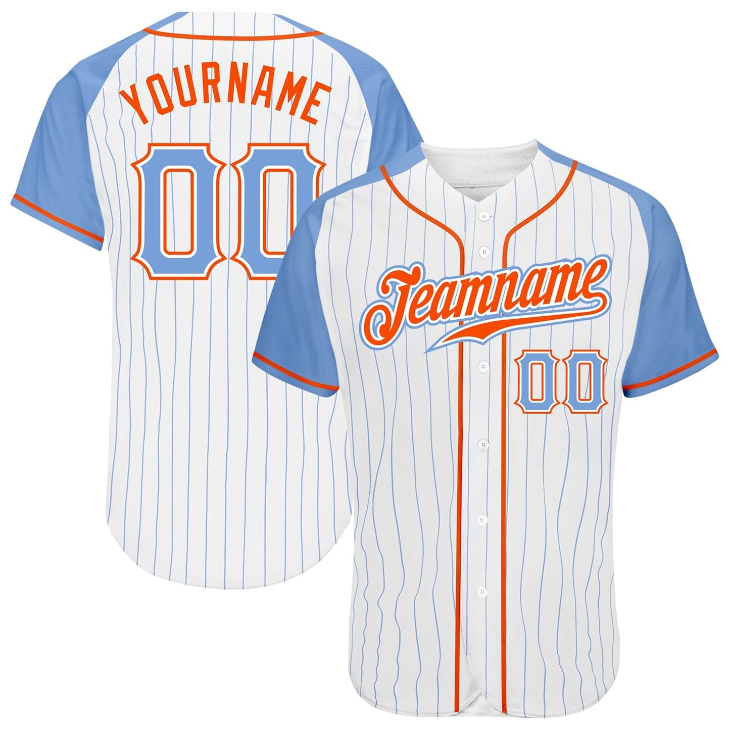 Custom White Light Blue Pinstripe Light Blue-Orange Authentic Raglan Sleeves Baseball Jersey baseball jersey product view 1