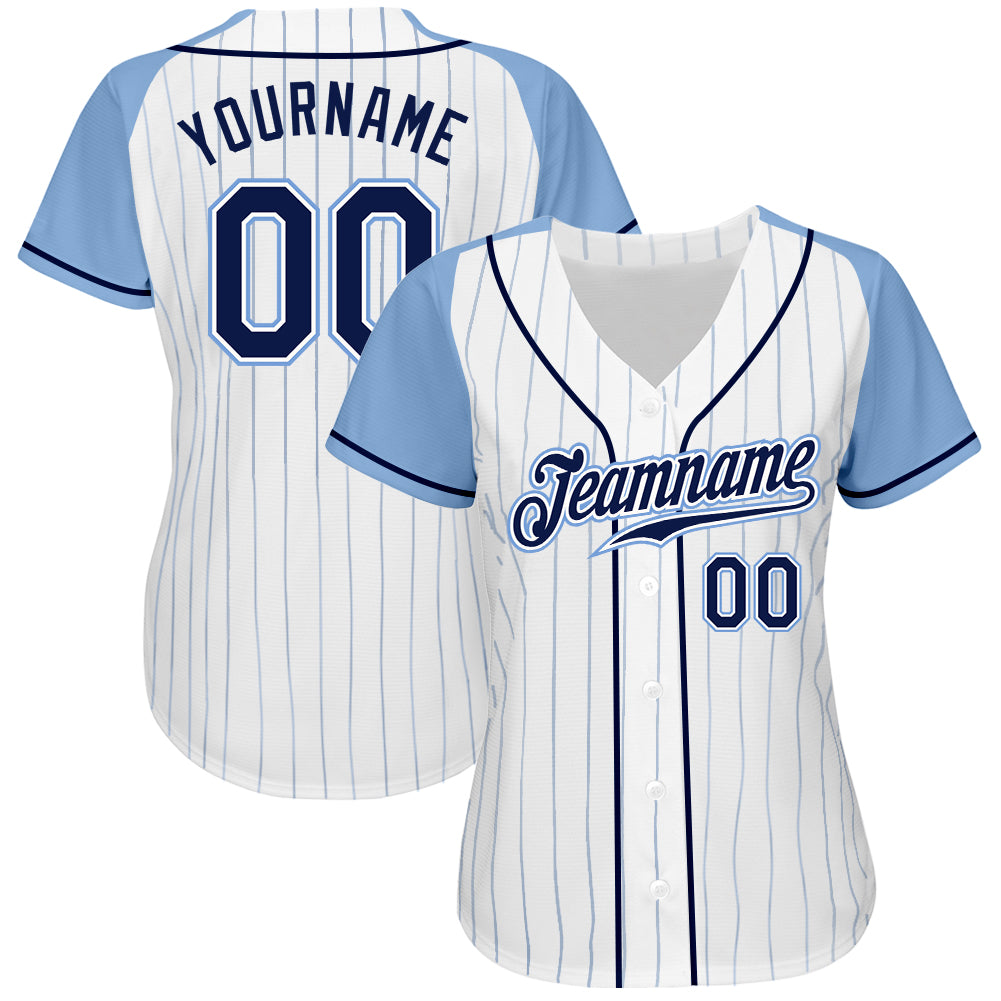 Custom White Light Blue Pinstripe Navy-Light Blue Authentic Raglan Sleeves Baseball Jersey baseball jersey product view 2