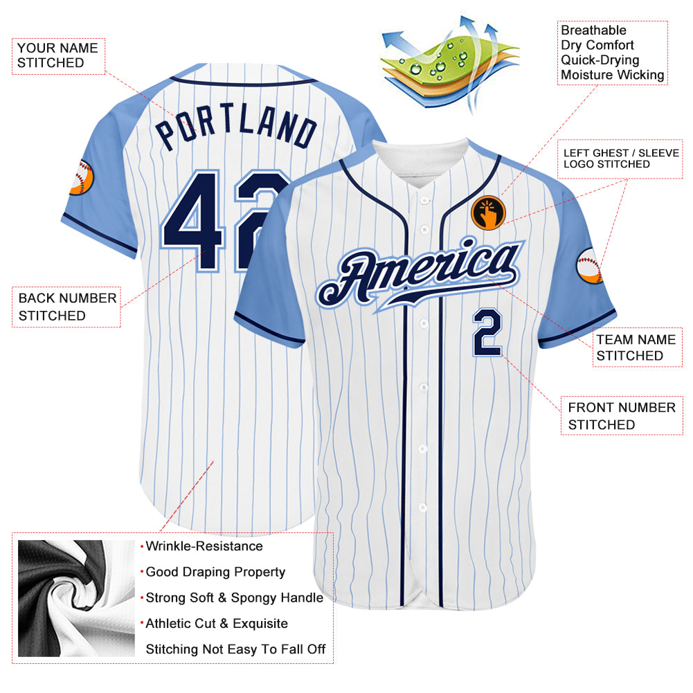 Custom White Light Blue Pinstripe Navy-Light Blue Authentic Raglan Sleeves Baseball Jersey baseball jersey product view 3