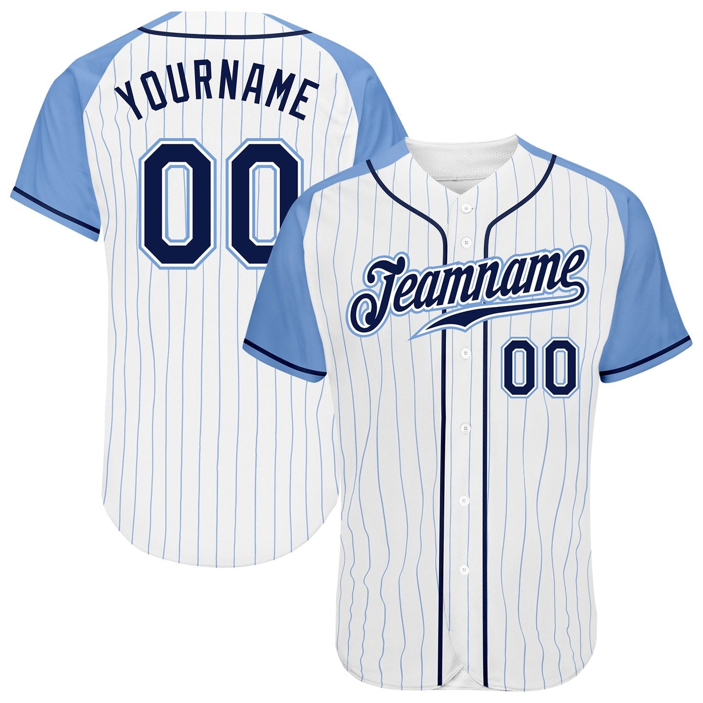Custom White Light Blue Pinstripe Navy-Light Blue Authentic Raglan Sleeves Baseball Jersey baseball jersey product view 1