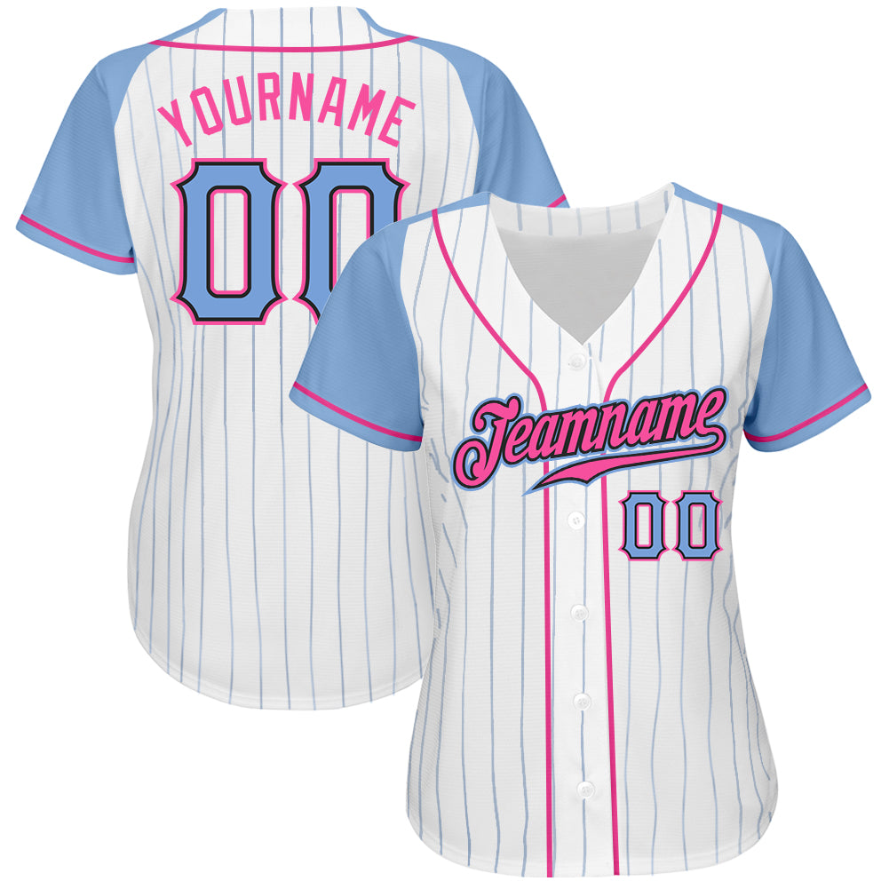 Custom White Light Blue Pinstripe Light Blue-Pink Authentic Raglan Sleeves Baseball Jersey baseball jersey product view 2