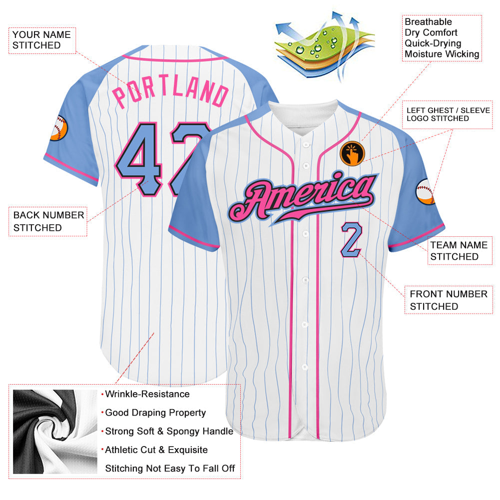 Custom White Light Blue Pinstripe Light Blue-Pink Authentic Raglan Sleeves Baseball Jersey baseball jersey product view 3