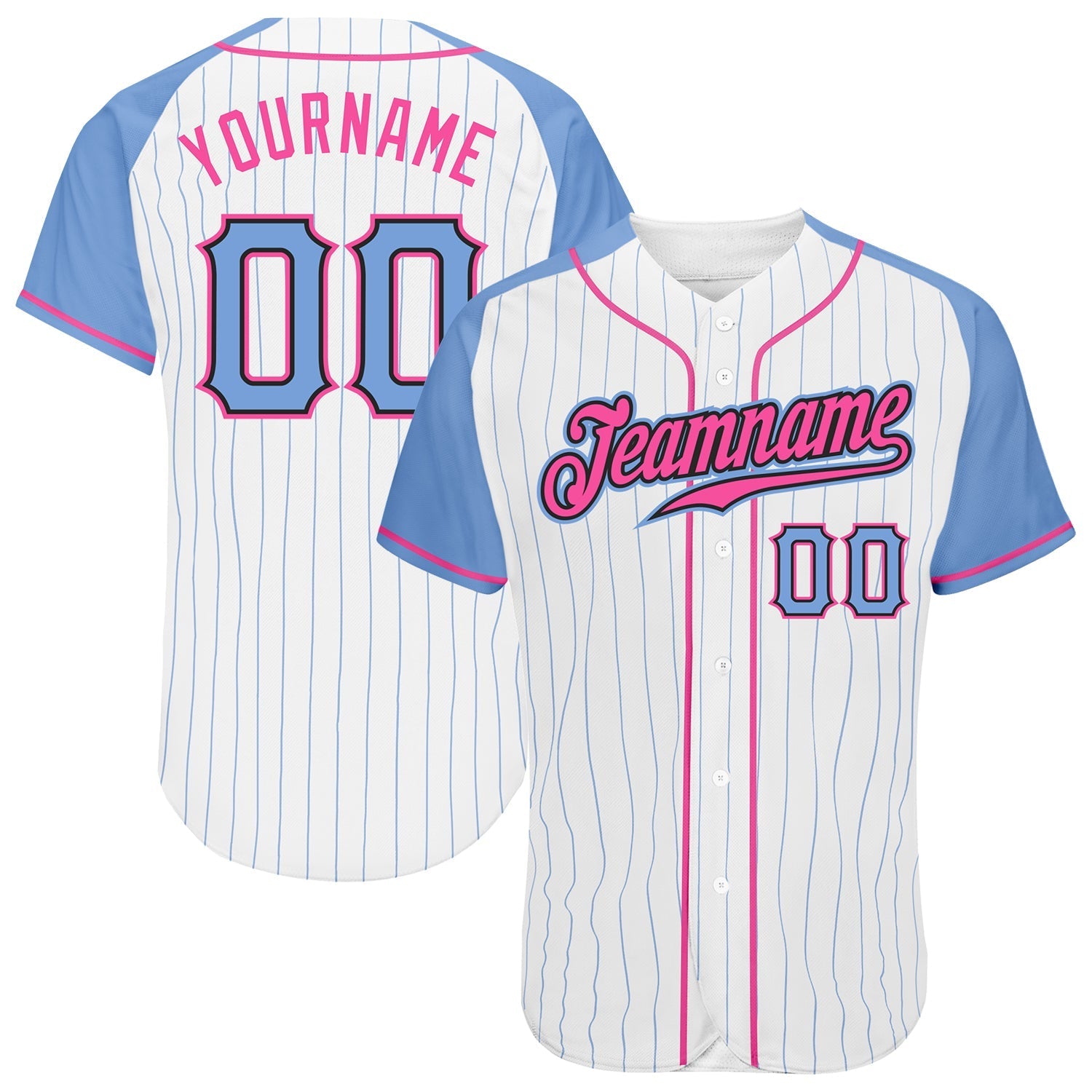 Custom White Light Blue Pinstripe Light Blue-Pink Authentic Raglan Sleeves Baseball Jersey baseball jersey product view 1