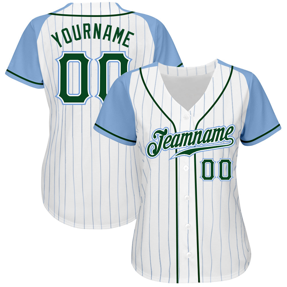 Custom White Light Blue Pinstripe Green-Light Blue Authentic Raglan Sleeves Baseball Jersey baseball jersey product view 2